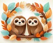 Sloth duo on branch, vibrant leaves frame, flat design, white,  childlike drawing
