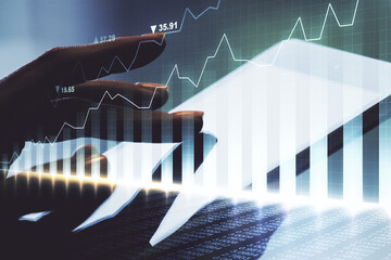 Poster - Double exposure of abstract creative financial diagram with finger clicks on a digital tablet on background, banking and accounting concept