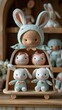 Charming display of handcrafted bunny dolls with a prominent cute rabbit in a knit hat, carefully arranged in a wooden shelf, creating a cozy, heartwarming atmosphere