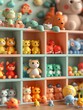 Vibrant and playful colorful toy collection showcased on organized shelves for children's playtime and nursery decoration featuring assortment of plastic toys. Figures. Teddy bears. Dinosaurs