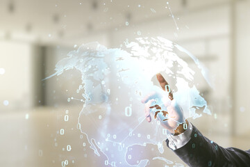 Poster - Double exposure of male hand presses on abstract programming language and world map on blurred office background, research and development concept