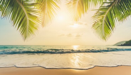 Poster - Beachfront Beauty: Blurred Palm Leaf on Tropical Shoreline