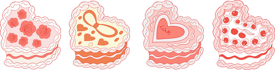 Wall Mural - Cute heart shaped cake set with cherry. Cakes collection coquette. A sweet dessert in the style of y2k. Vector illustration