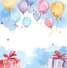 Wall Mural - watercolor birthday background with balloons and gifts