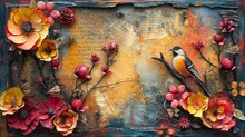 Mixed Media Collage Art With Textured Layers, Featuring A Bird, Vibrant Flowers, And Script On A Colorful, Rustic Background