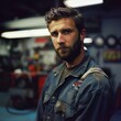 Bearded man in a blue denim jacket looking at the camera with a serious expression on his face