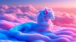 Vibrant digital painting of a mythical creature resting on pink and blue fluffy clouds at sunset