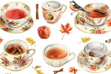 Watercolor Cinnamon Apple Tea Clipart, Autumn Gold Tea Cups, Garden Tea Clip Art