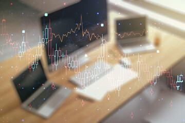 Poster - Multi exposure of abstract creative financial graph and modern desktop with computer on background, forex and investment concept