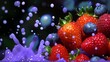 Strawberries and blueberries with water splash on a purple background