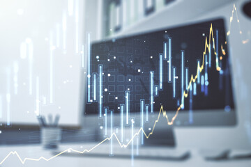 Poster - Abstract creative financial graph and modern desktop with pc on background, financial and trading concept. Multiexposure