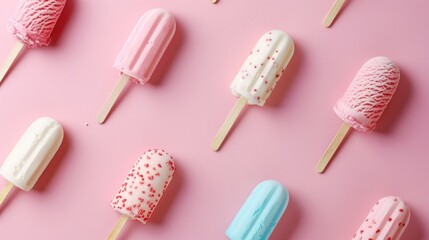 Wall Mural - Various tasty sweet Ice cream sticks isolated on pastel colors background. Generated AI image