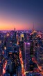 Panoramic city skyline at dusk, vibrant lights, clear skies, wide cinematic shot, 