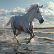 3d rendered photos of A white wild horse galloping on the beach close up shot made with generative AI