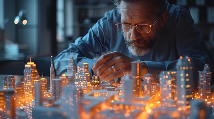 Poster - Businessman Analyzing Futuristic 3D City Model for Real Estate Innovation and Development