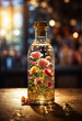A glass bottle filled with flowers and decorative lights creates a beautiful natural floral cosmetics, flavor and aroma.