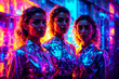 Group of stylish persons pose confidently together in neon-lit outfits, exuding an edgy and electrifying vibe