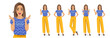 Beautiful business woman wearing bright clothes in different poses set. Various gestures surprised, pointing, standing, showing thumb up and ok sign isolated vector illustration