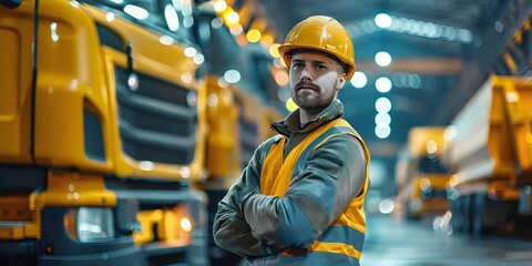 Wall Mural - Professional Factory Worker Overseeing Industrial Machinery and Transportation Vehicles