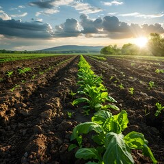 Poster - Lush Green Agricultural Field with Rows of Crops Under Picturesque Sunset Sky