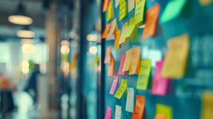 Business meeting and scheduling planning with sticky notes on workflow moodboard for corporate sales success. Creative teamwork brainstorming and project strategy post-it notes on glass wall