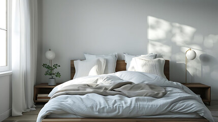 Wall Mural - minimalist bedroom with linen bedding featuring a white bed with pillows, a wood headboard, and a w