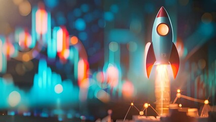 Wall Mural - a rocket is flying through a cityscape with a bright red and white rocket. the rocket is surrounded 