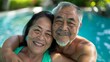 Face, selfie, and funny elderly couple by pool taking happy memory, social media, or profile picture. Portrait, smiling, and retired couple laugh and relax.