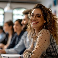 Poster - Smiling Woman in Glasses Participating in Interactive Educational Program for Teachers