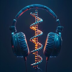 Poster - genetic research and personalized medicine podcast concept with vibrant dna molecule and headphones