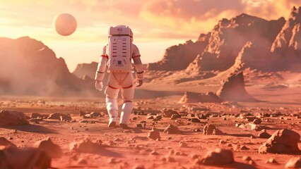 Wall Mural - a man in a white spacesuit walks across a desert planet. the planet is barren and rocky, with no sig