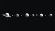 Planets lined up in row. Solar system drawn in mono