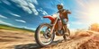 Motorcycle, motorsports, and speed on dunes with power, sky mockup, and offroad way. Fast action, freedom, or rally performance on dirt track, sand, and adventure course with driver, motorcycle.