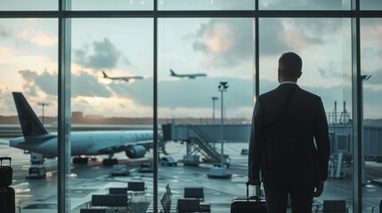 Airport, luggage, and businessman waiting for flight for corporate work trip. Travel, bags, and professional male traveler watching plane fly by terminus lounge window.