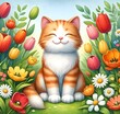 Blissful Orange and White Cat in a Vibrant Spring Flower Paradise