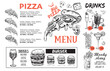 Pizza food Menu, Restaurant, Cafe, template design. Hand drawn illustrations, Food flyer.	