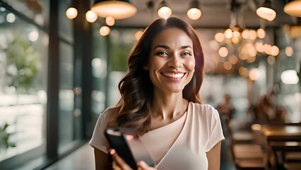 Poster - Woman Smiling Holding Cell Phone Generative AI