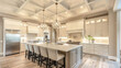 Front and broad view of the expansive tray ceiling in soothing beige, perfectly complementing the contemporary island in the second-floor kitchen.