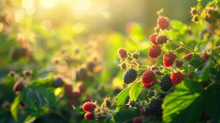 Wall Mural - Sun-kissed Raspberries in Lush Garden. Generative ai