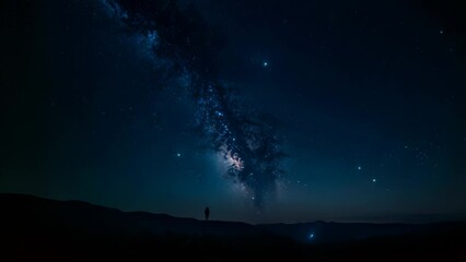 Wall Mural - Video animation of serene scene under the vast night sky. A solitary stargazer stands on the left side of the frame, their silhouette sharply defined against the darkness