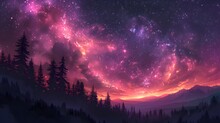 The Celestial Ballet Unfolding Above, As Gradient Cosmic Violet And Pink Hues Adorn The Starry Sky, Casting A Mesmerizing Glow Over The Silhouette Of Forest Trees Below