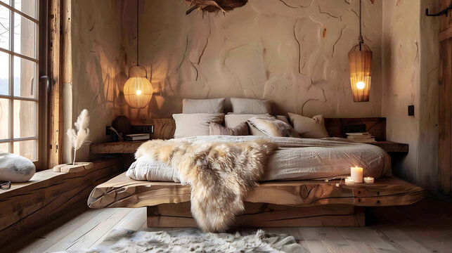 rustic bedroom with wooden bed frame, white pillows, and a white rug on a wood floor a white bird p