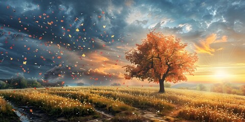 Wall Mural - Breathtaking Autumnal Landscape with Vibrant Foliage and Magical Sunset Sky