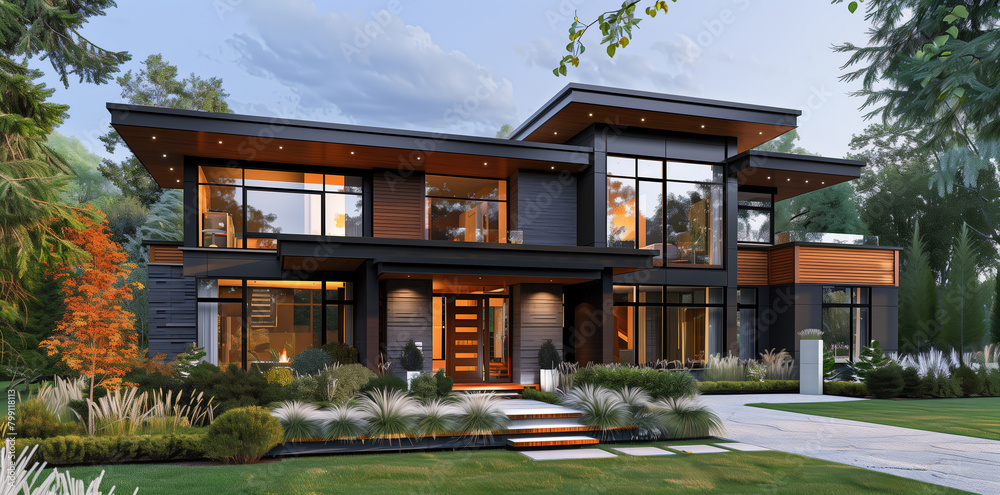 modern house with a front garden, showing a landscape design and ...