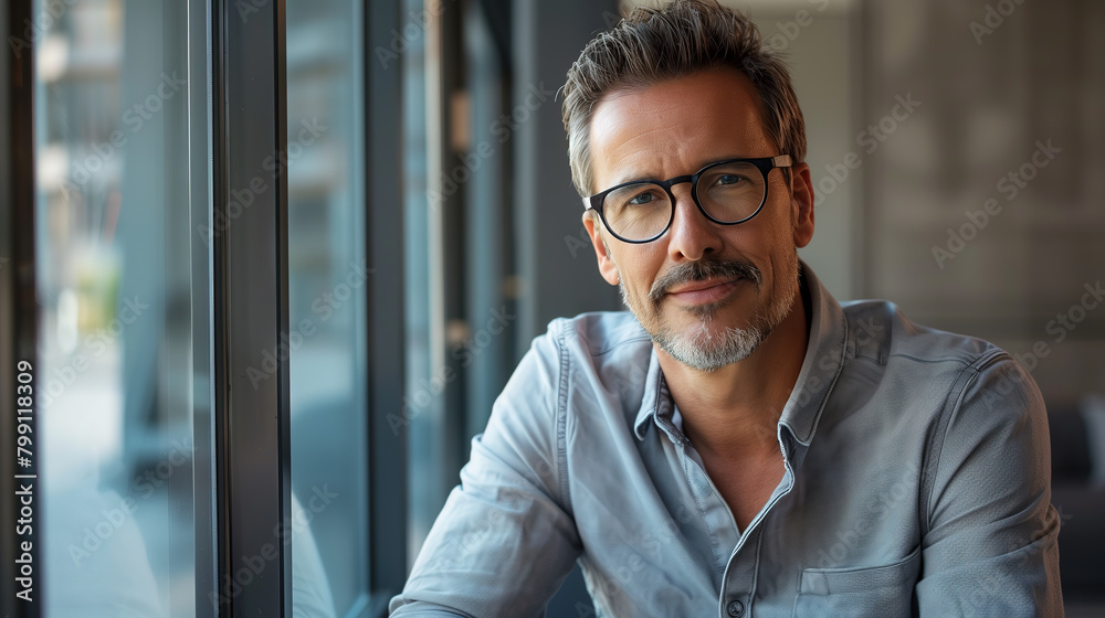 Portrait of a handsome man with glasses and a goatee in a casual shirt ...