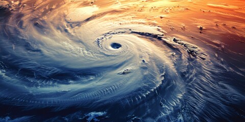 Wall Mural - Satellite view of a hurricane over the eastern U.S. coast, showing city lights and cloud patterns. High-altitude view of a hurricane with swirling cloud formations