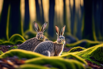 Wall Mural - hares in the forest. two gray hares live in a green forest. wildlife concept