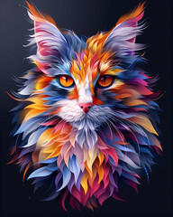  A colorful cat with a rainbow-colored mane and a bright orange nose