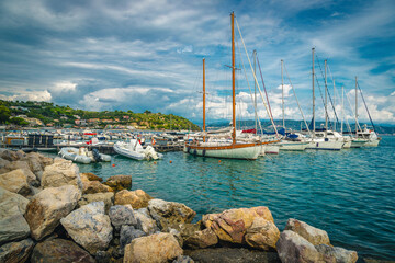 Wall Mural - Anchored sailing boats in the Marina of Porto Venere, Italy