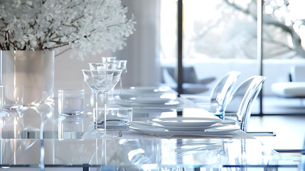 Wall Mural - sleek dining space with glass dining table adorned with white plates, clear glasses, and a white va